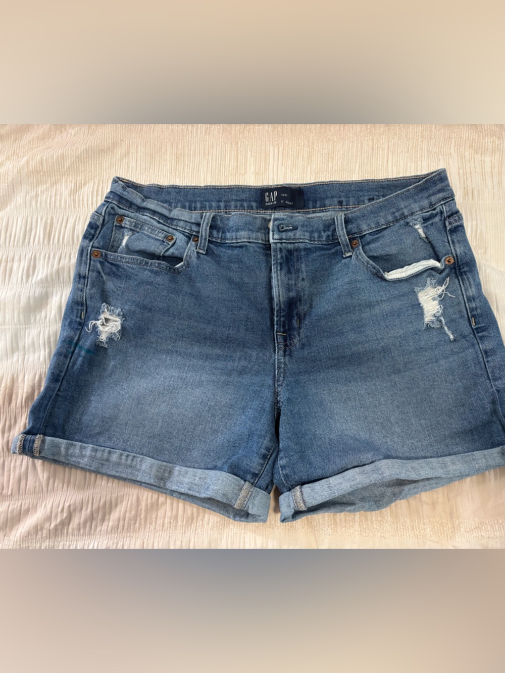GAP Distressed Rolled Hem Denim Shorts - Medium Blue